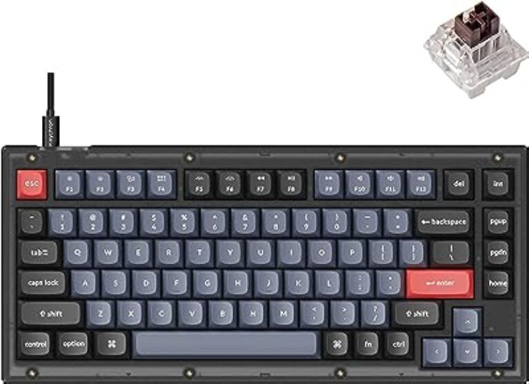 Keychron V1 Wired Custom Mechanical Keyboard - 75% Layout QMK/VIA Programmable Macro - Hot-swappable Keychron K Pro Brown Switch - Frosted Black Translucent