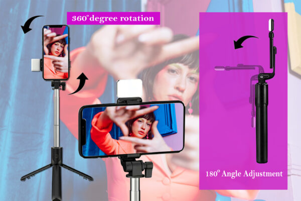 R1S Bluetooth Selfie Stick with Remote, Tripod Stand & Selfie Light – Compatible with All Phones (Black) - Image 3